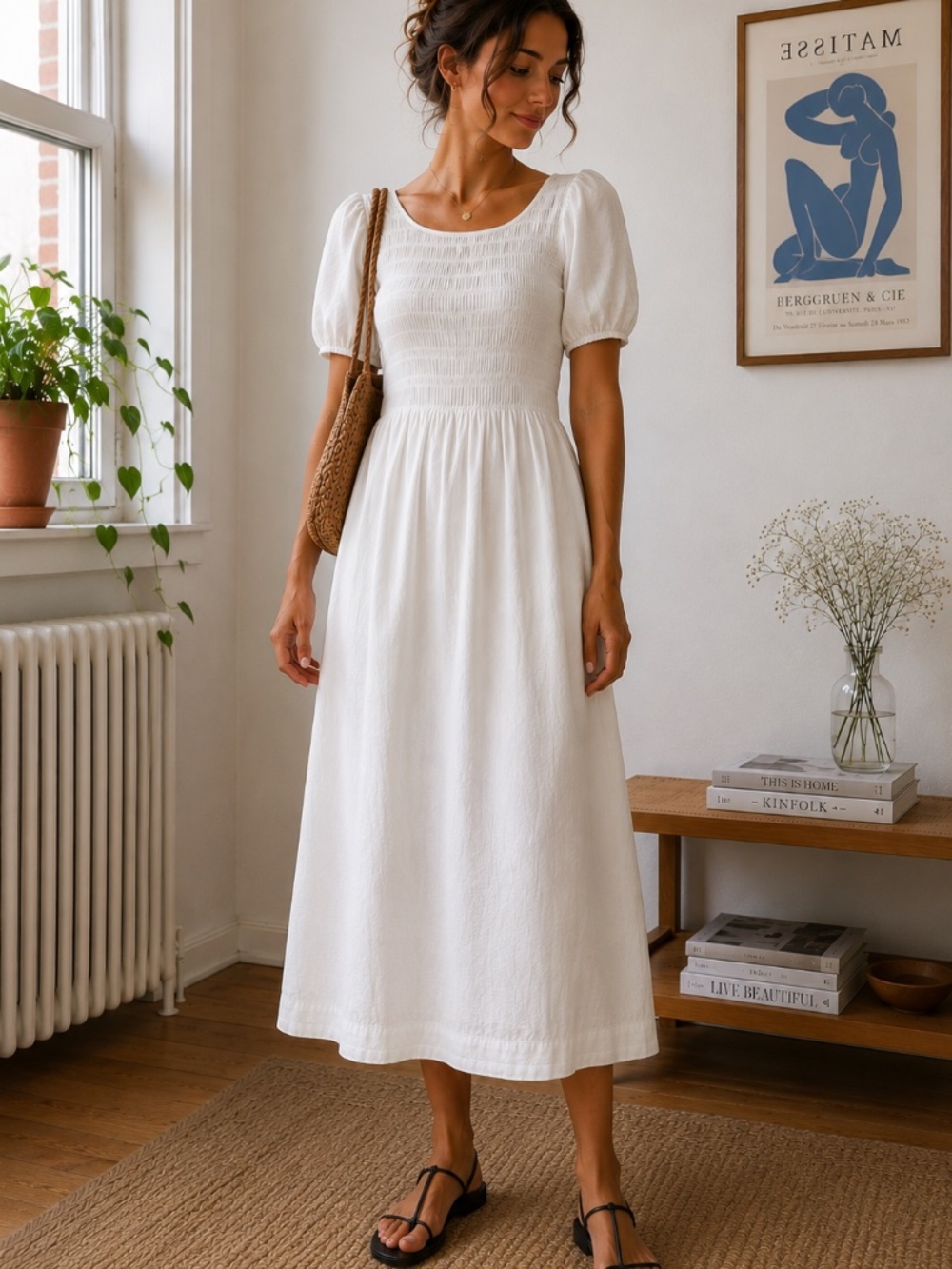 Lucy Paris 100% Cotton Smocked Puff Sleeve Midi Dress White NWT S
